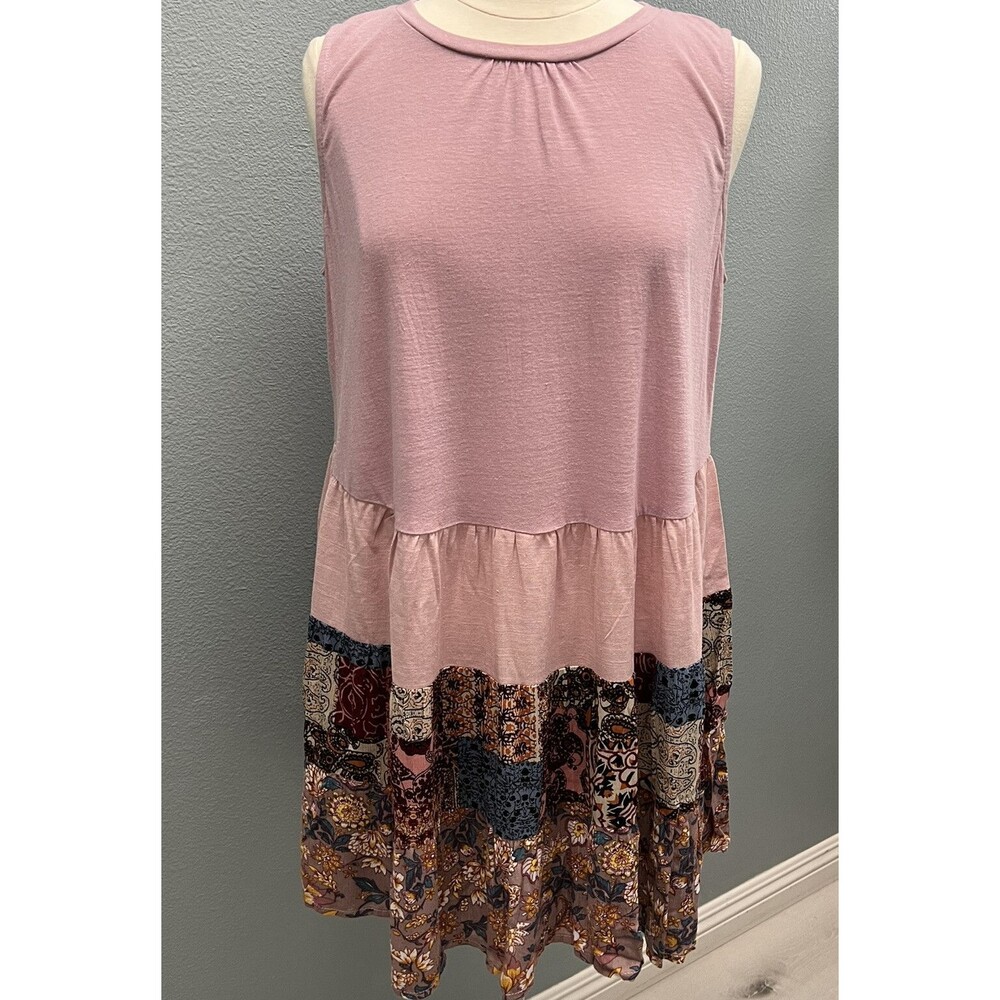 Love Kuza Women’s  M Linen Blend Patchwork Pink Sleveless Dress Lagenlook New